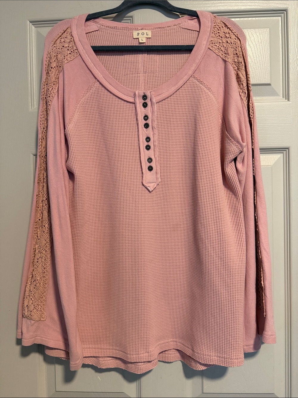 POL Dusty Pink Waffle-Knit Henley with Lace Shoulder Panels
